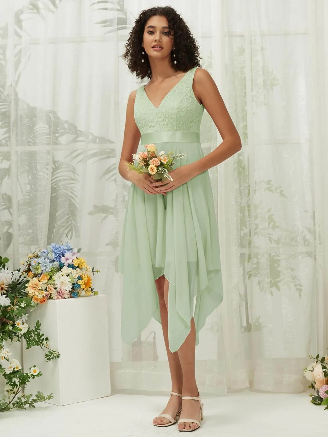 [Final Sale] Sage Lace V-Neck Sleeveless Midi Length Chiffon Flowy Bridesmaid Dresses