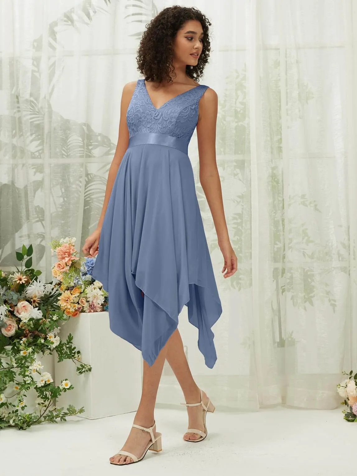 [Final Sale] Slate Blue Lace V-Neck Sleeveless Midi Length Chiffon Flowy Bridesmaid Dresses