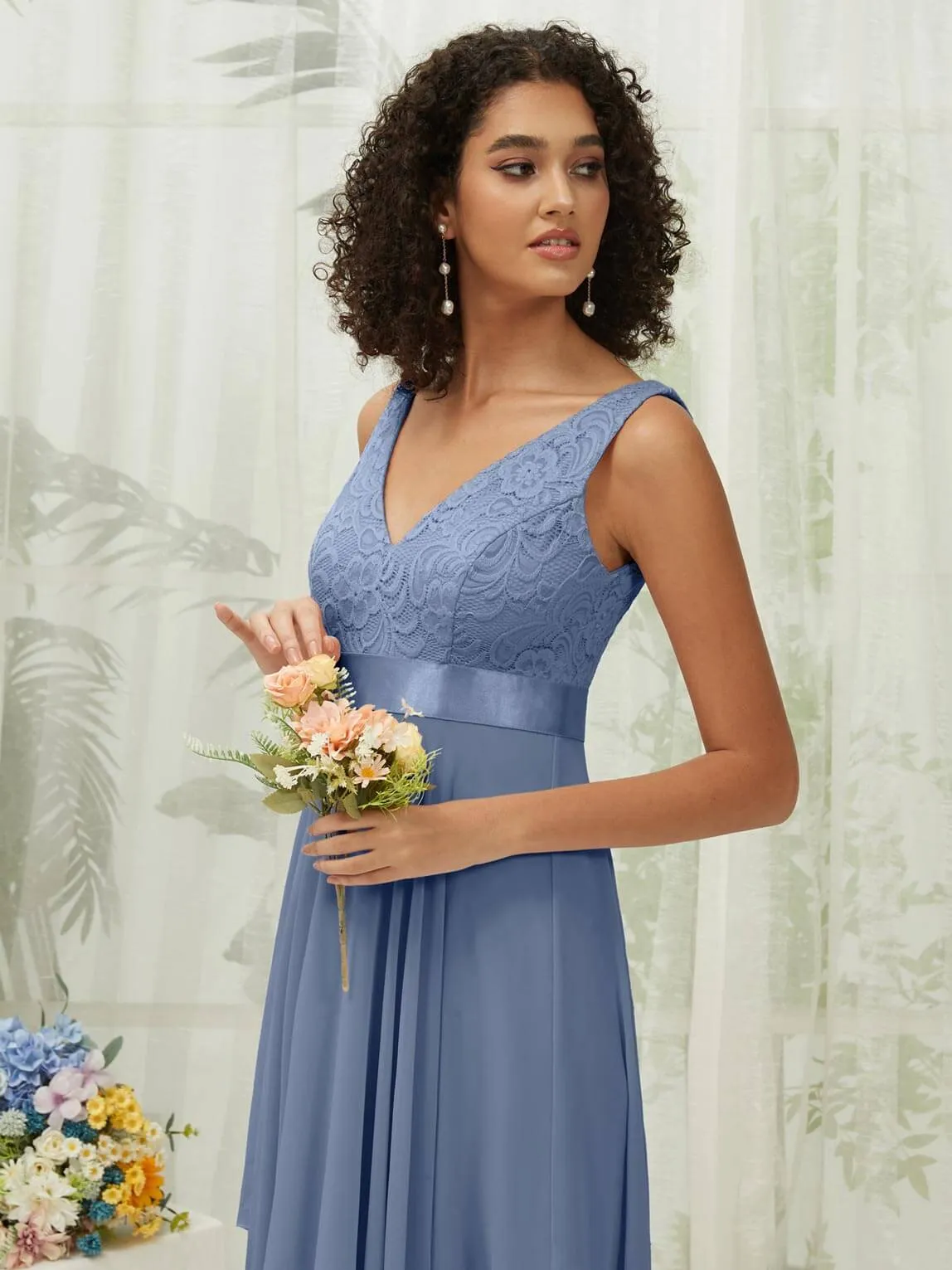 [Final Sale] Slate Blue Lace V-Neck Sleeveless Midi Length Chiffon Flowy Bridesmaid Dresses