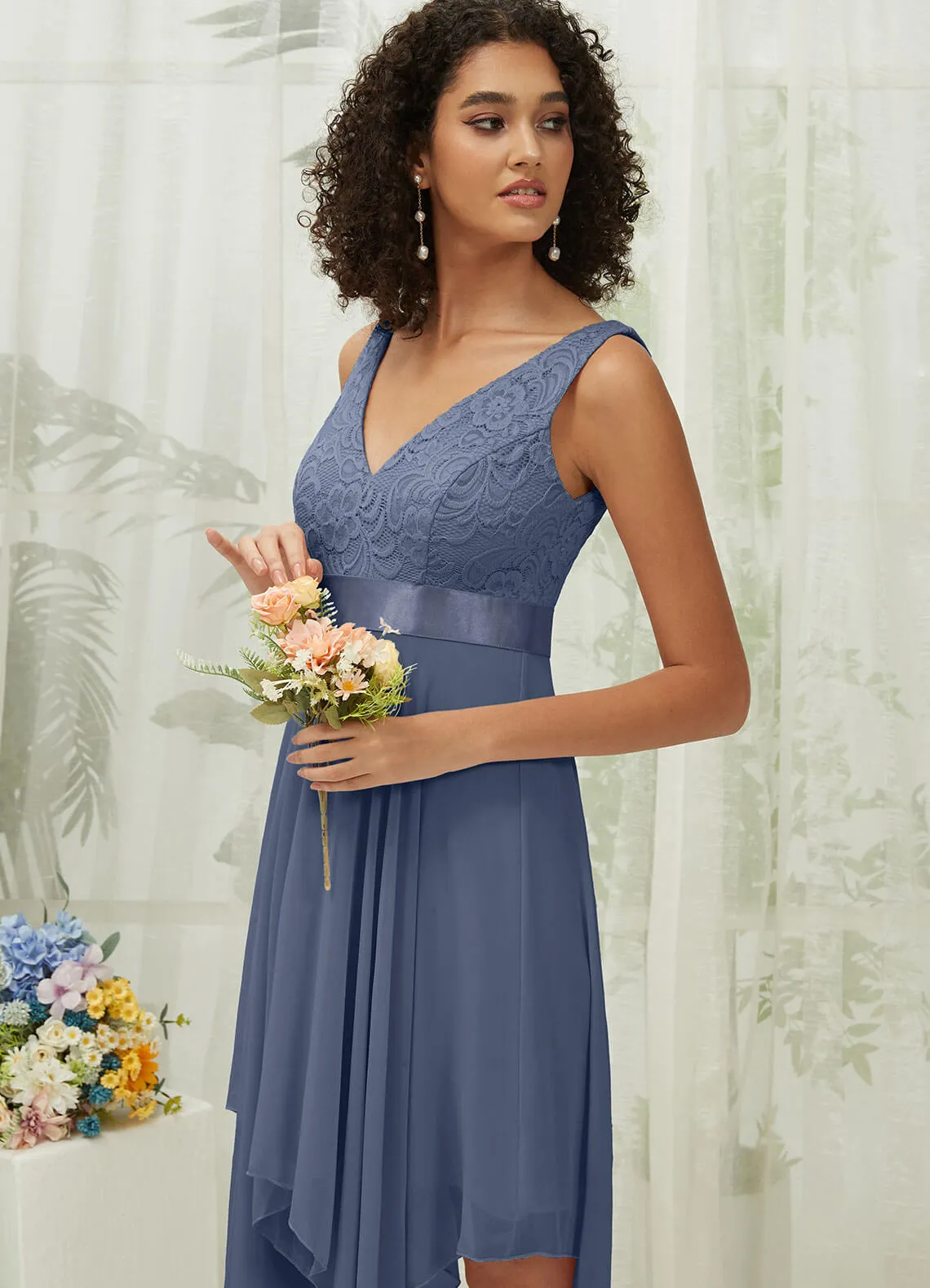 [Final Sale] Stormy Lace V-Neck Sleeveless Midi Length Chiffon Flowy Bridesmaid Dresses