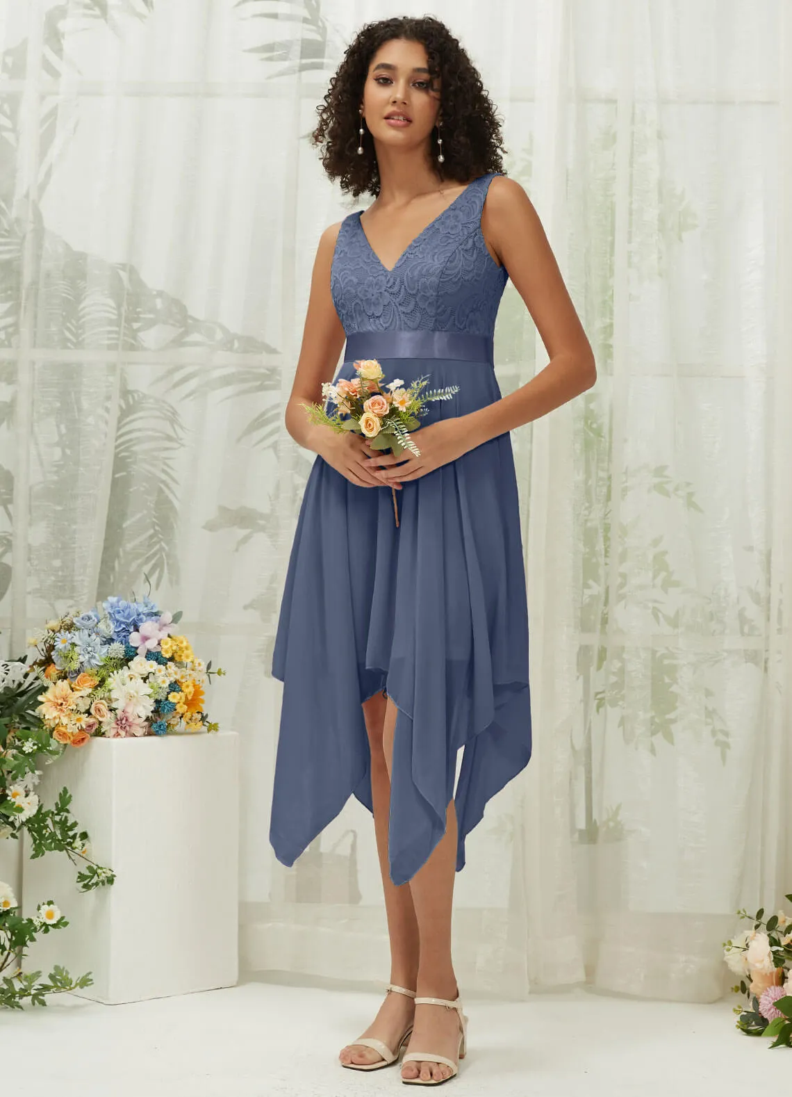 [Final Sale] Stormy Lace V-Neck Sleeveless Midi Length Chiffon Flowy Bridesmaid Dresses
