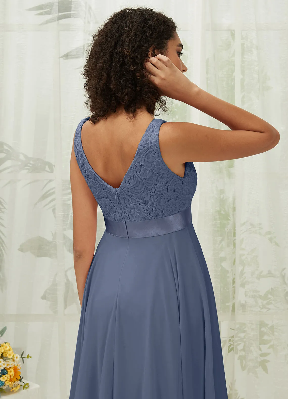 [Final Sale] Stormy Lace V-Neck Sleeveless Midi Length Chiffon Flowy Bridesmaid Dresses