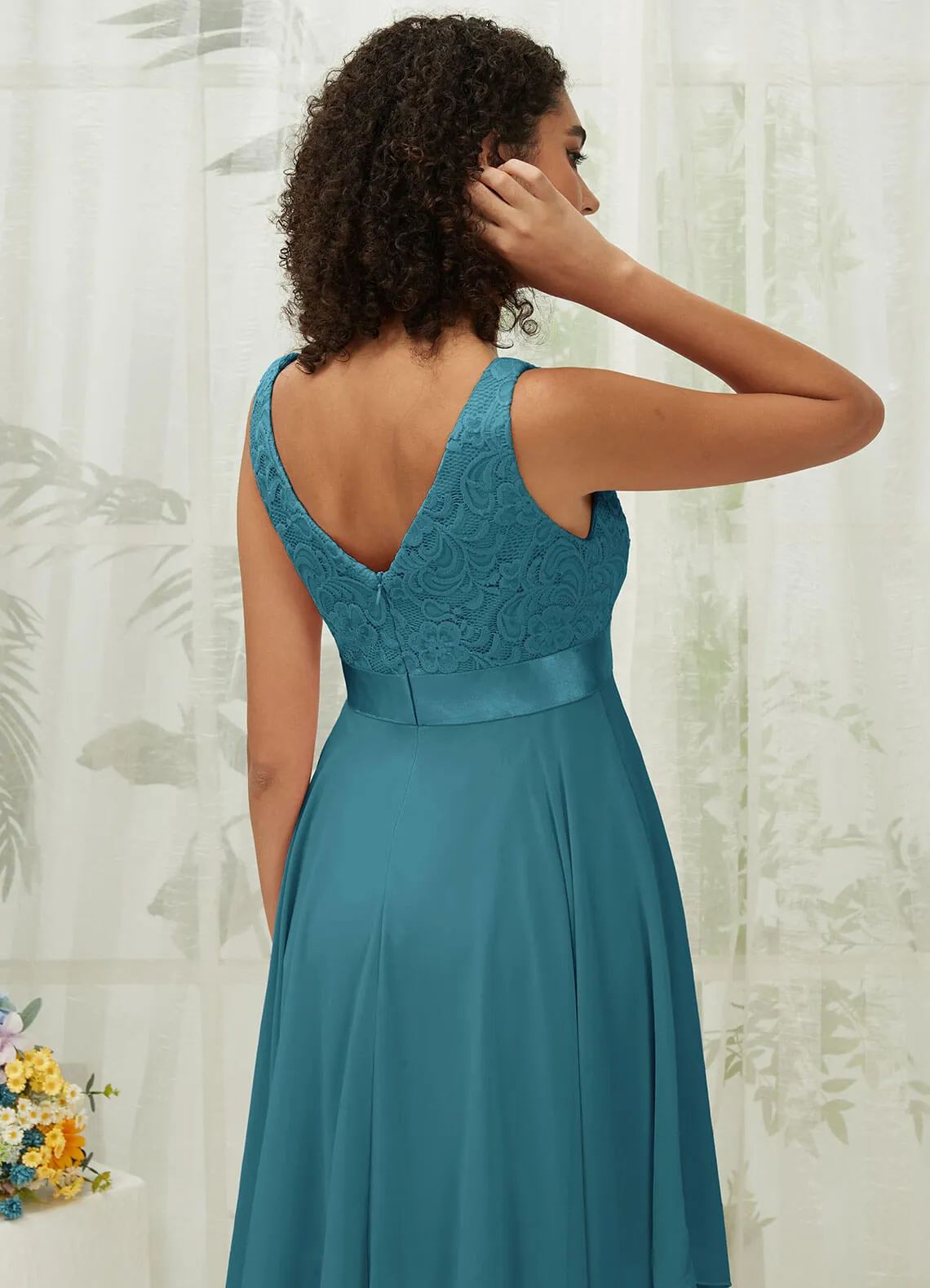 [Final Sale] Teal Lace V-Neck Sleeveless Midi Length Chiffon Flowy Bridesmaid Dresses