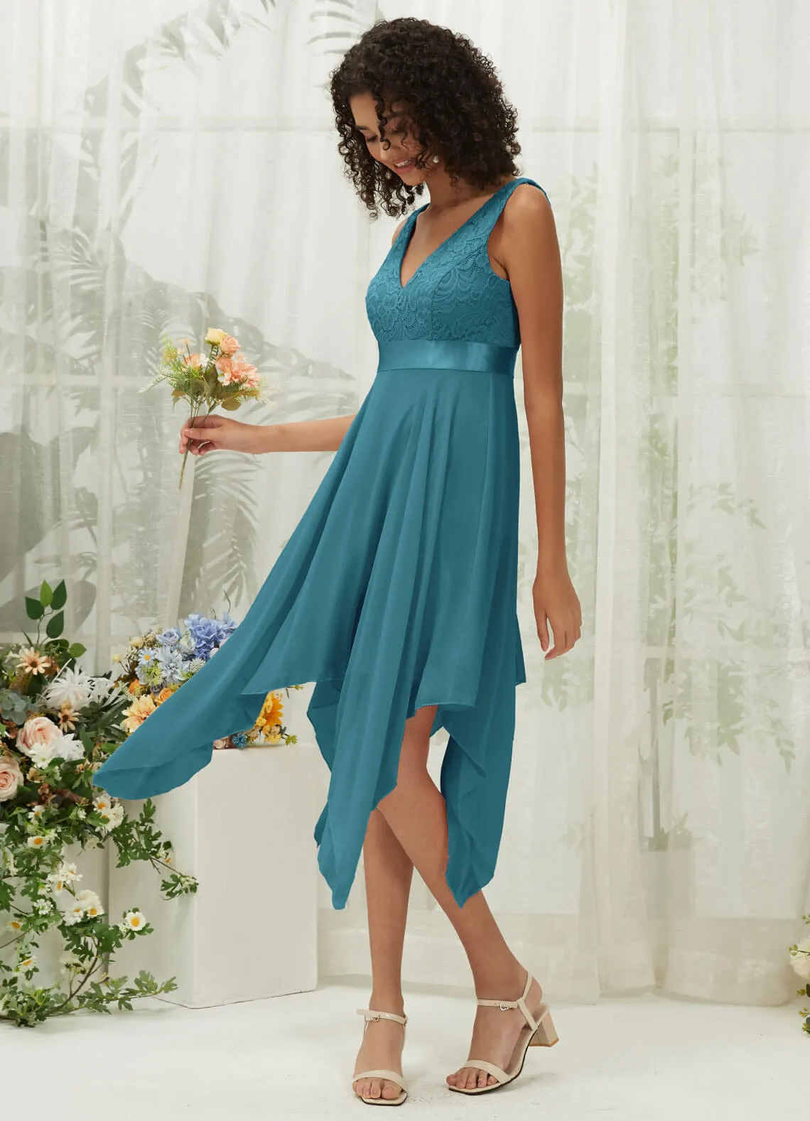 [Final Sale] Teal Lace V-Neck Sleeveless Midi Length Chiffon Flowy Bridesmaid Dresses