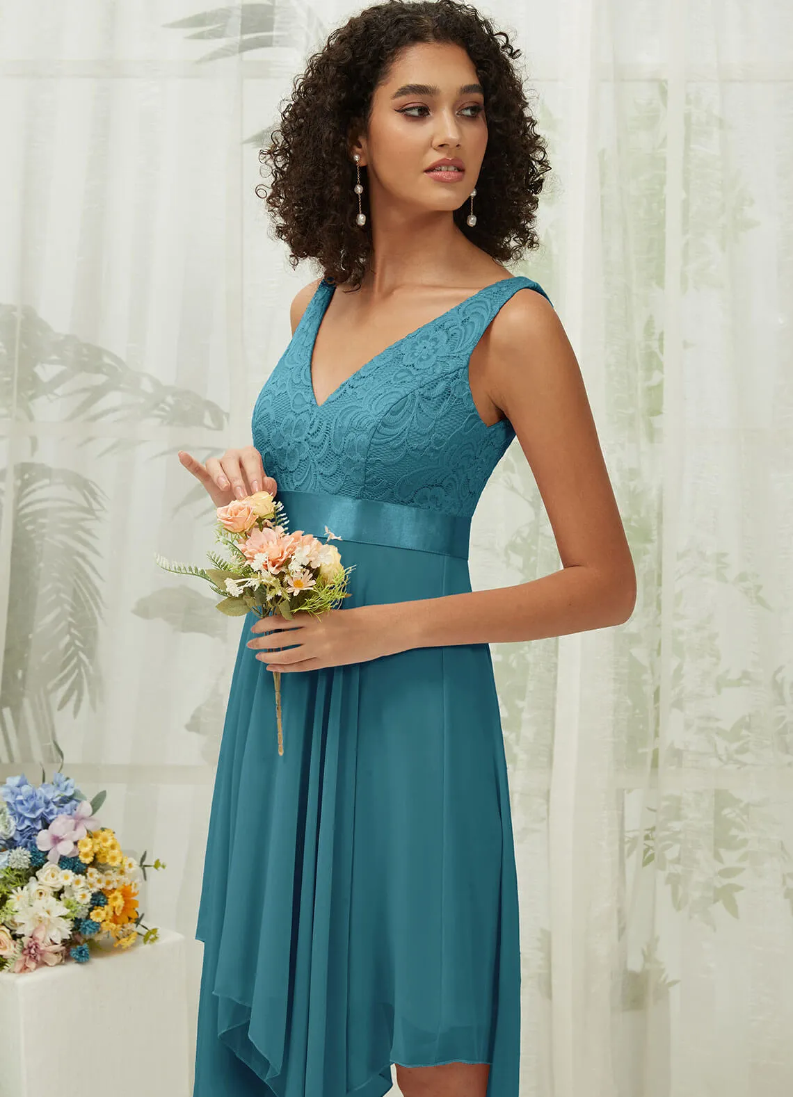 [Final Sale] Teal Lace V-Neck Sleeveless Midi Length Chiffon Flowy Bridesmaid Dresses