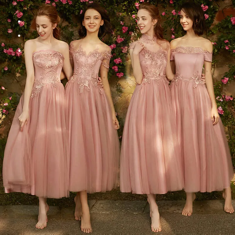 [Final Sale]Mix Match Dusty Rose and Silver Embroidery Bridesmaid Dress