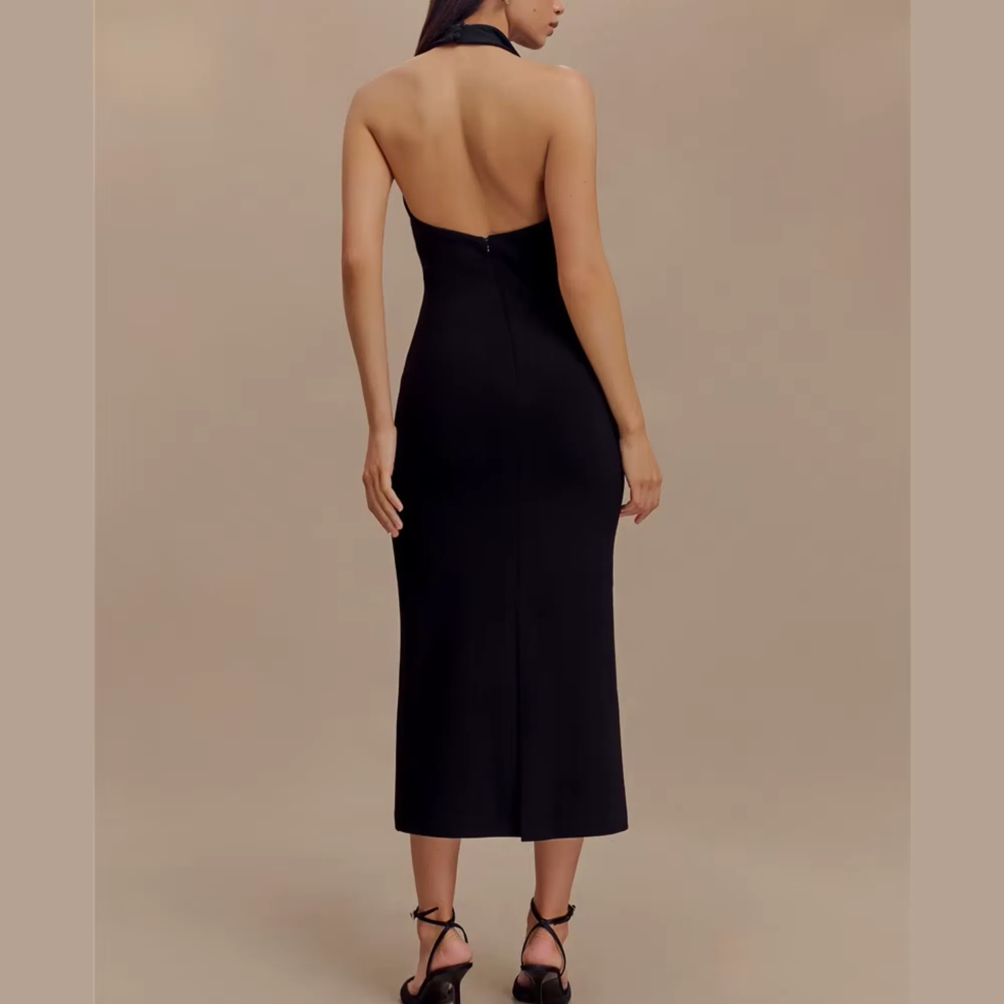 Fleur - Black Deep V Halter Neck Dress