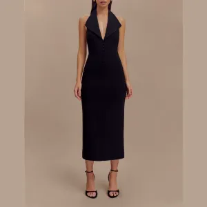 Fleur - Black Deep V Halter Neck Dress
