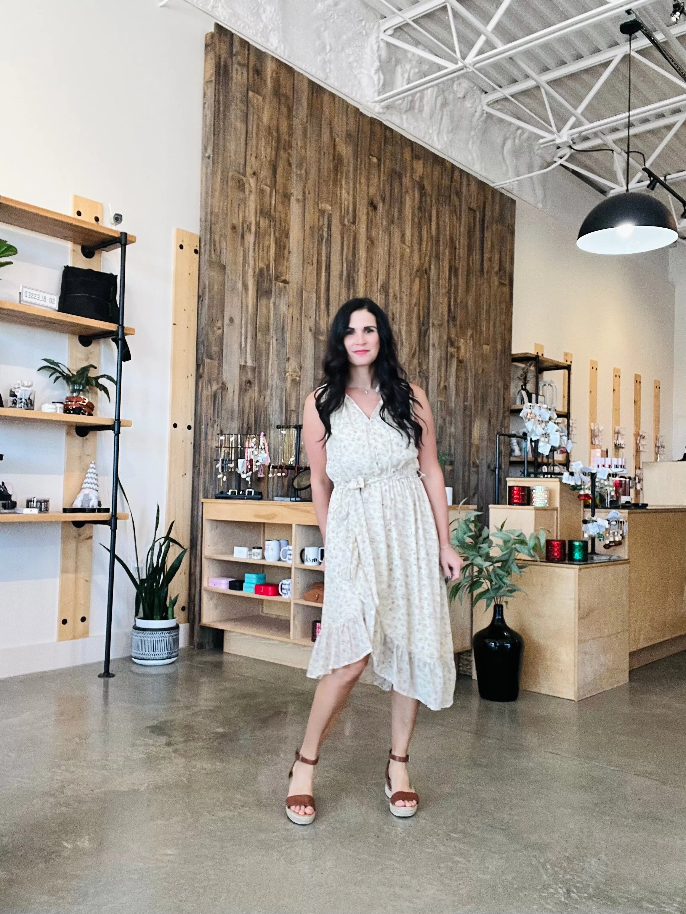 Floral Button Placket Asymmetrical Hem Midi Dress