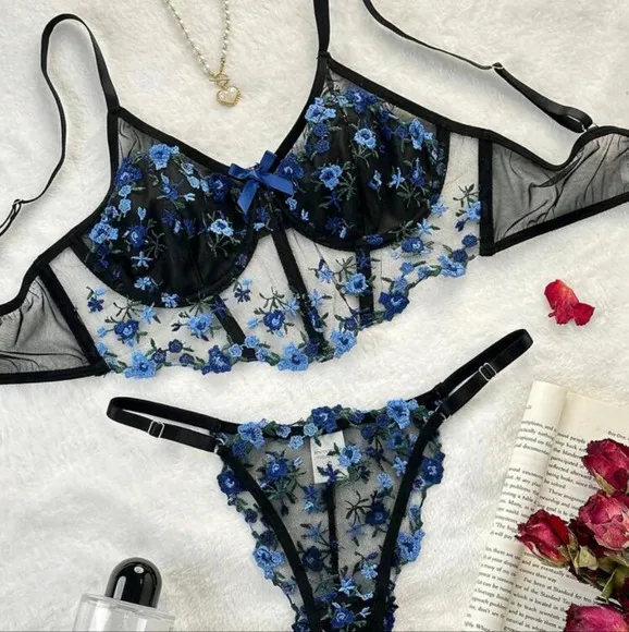 Floral Embroidery Mesh Underwire Bra &amp; Panty Lingerie Set