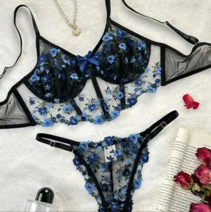 Floral Embroidery Mesh Underwire Bra &amp; Panty Lingerie Set