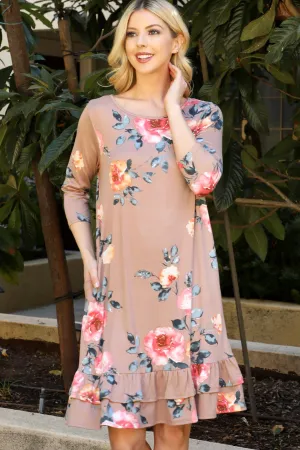 Floral Quarter Sleeve Ruffle Hem Dress