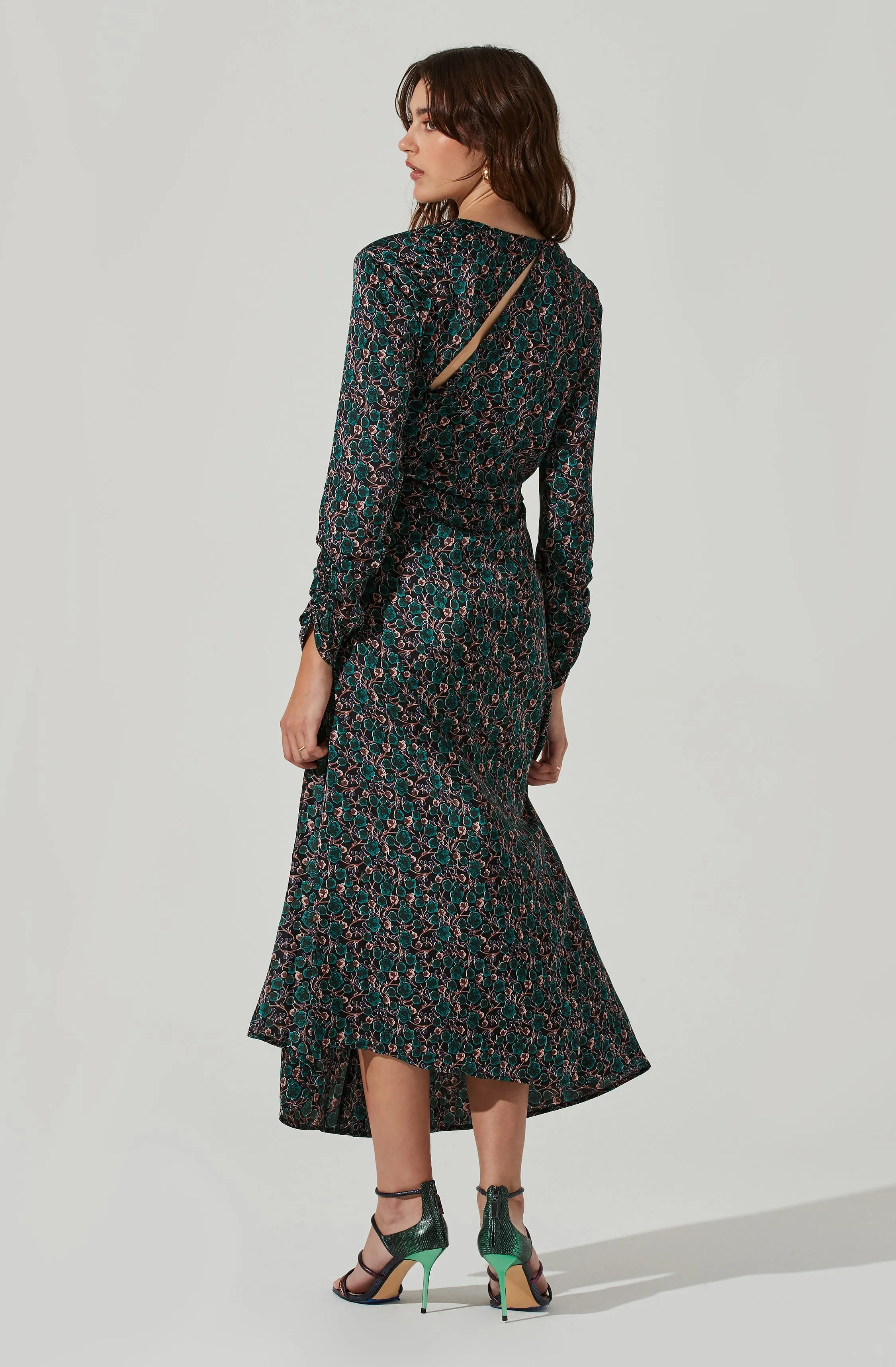 Floral Ruched Long Sleeve Midi Dress