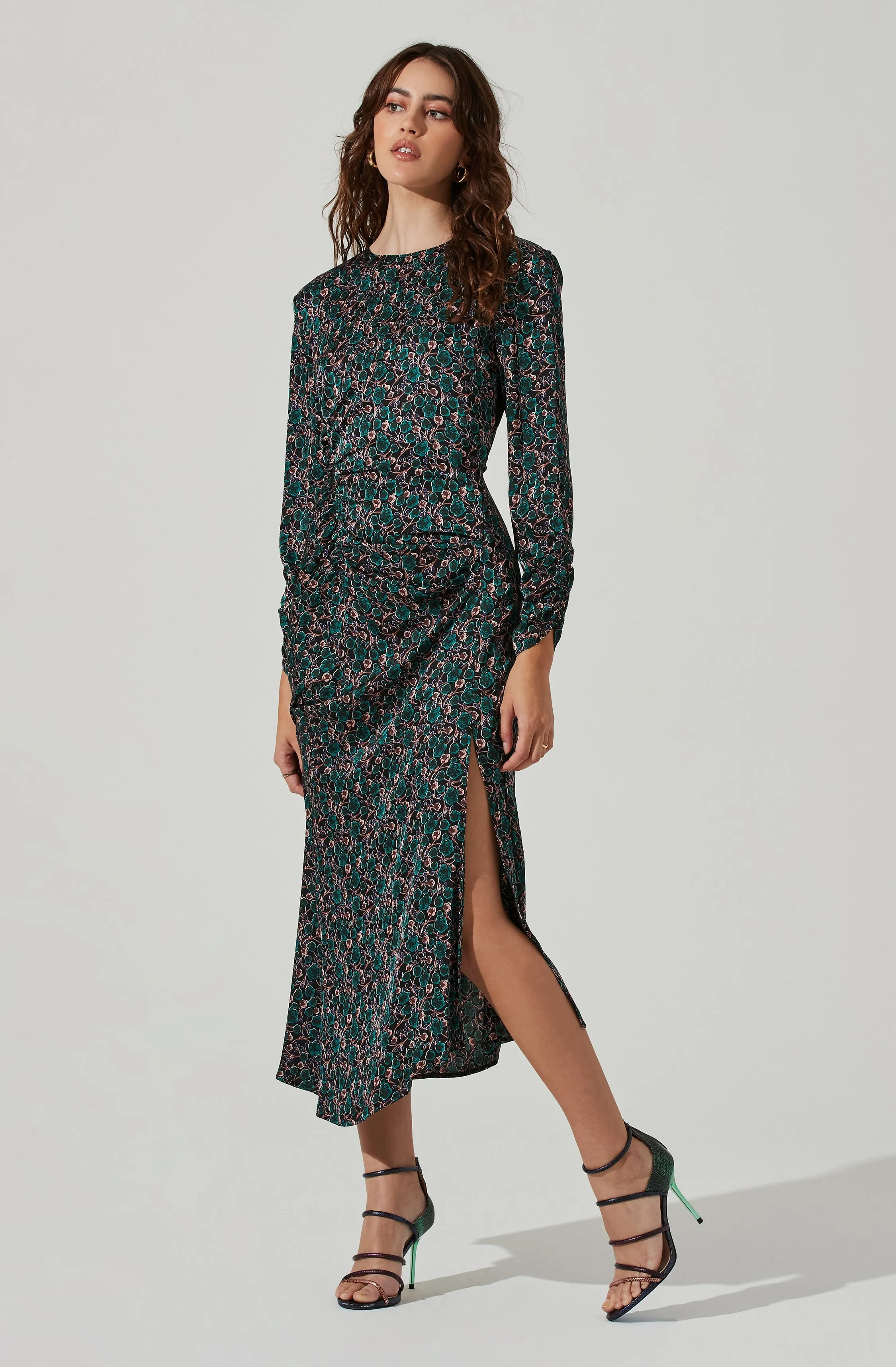 Floral Ruched Long Sleeve Midi Dress