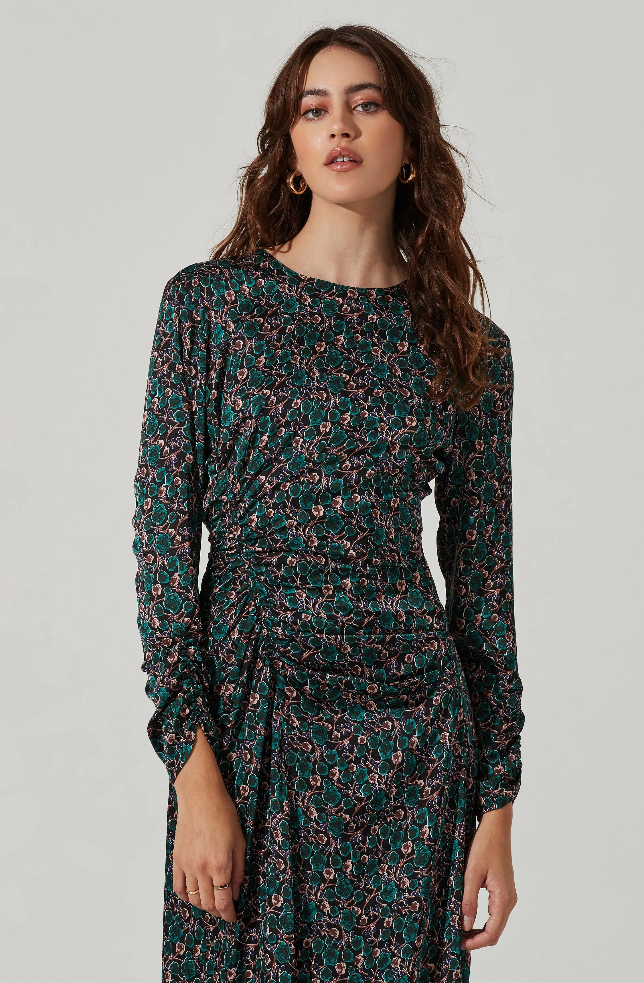 Floral Ruched Long Sleeve Midi Dress