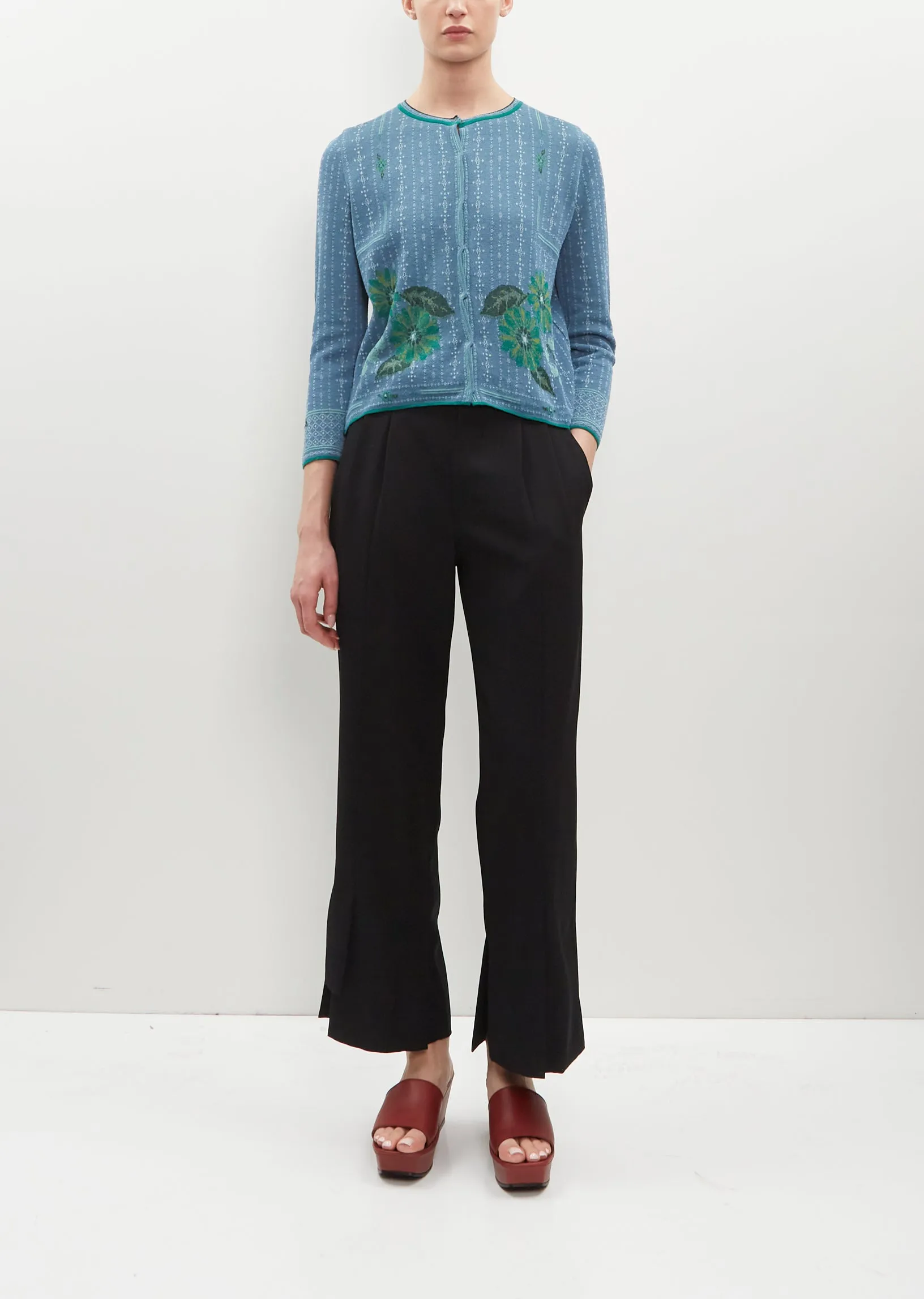 Flower Motif Knit Cardigan - Blue