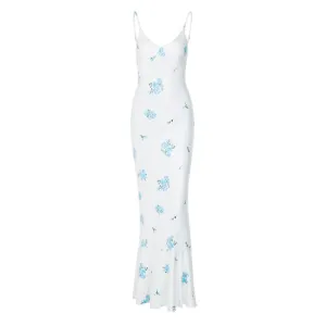Flower print contrast v neck ruched cami maxi dress