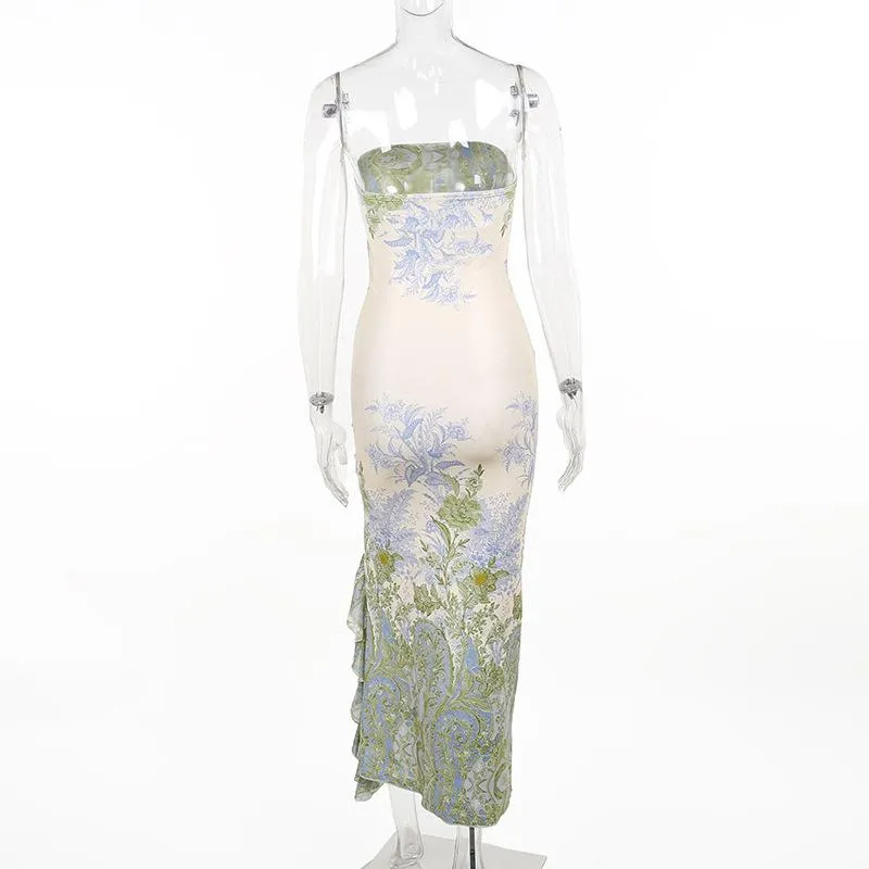 Flower print slit irregular contrast backless maxi dress fairycore Ethereal Fashion