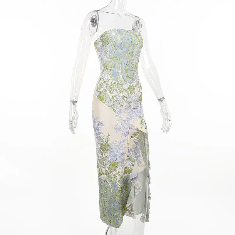 Flower print slit irregular contrast backless maxi dress fairycore Ethereal Fashion