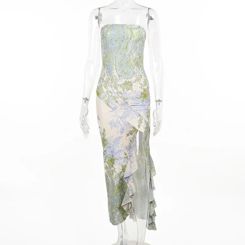 Flower print slit irregular contrast backless maxi dress fairycore Ethereal Fashion