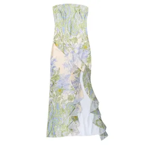 Flower print slit irregular contrast backless maxi dress fairycore Ethereal Fashion