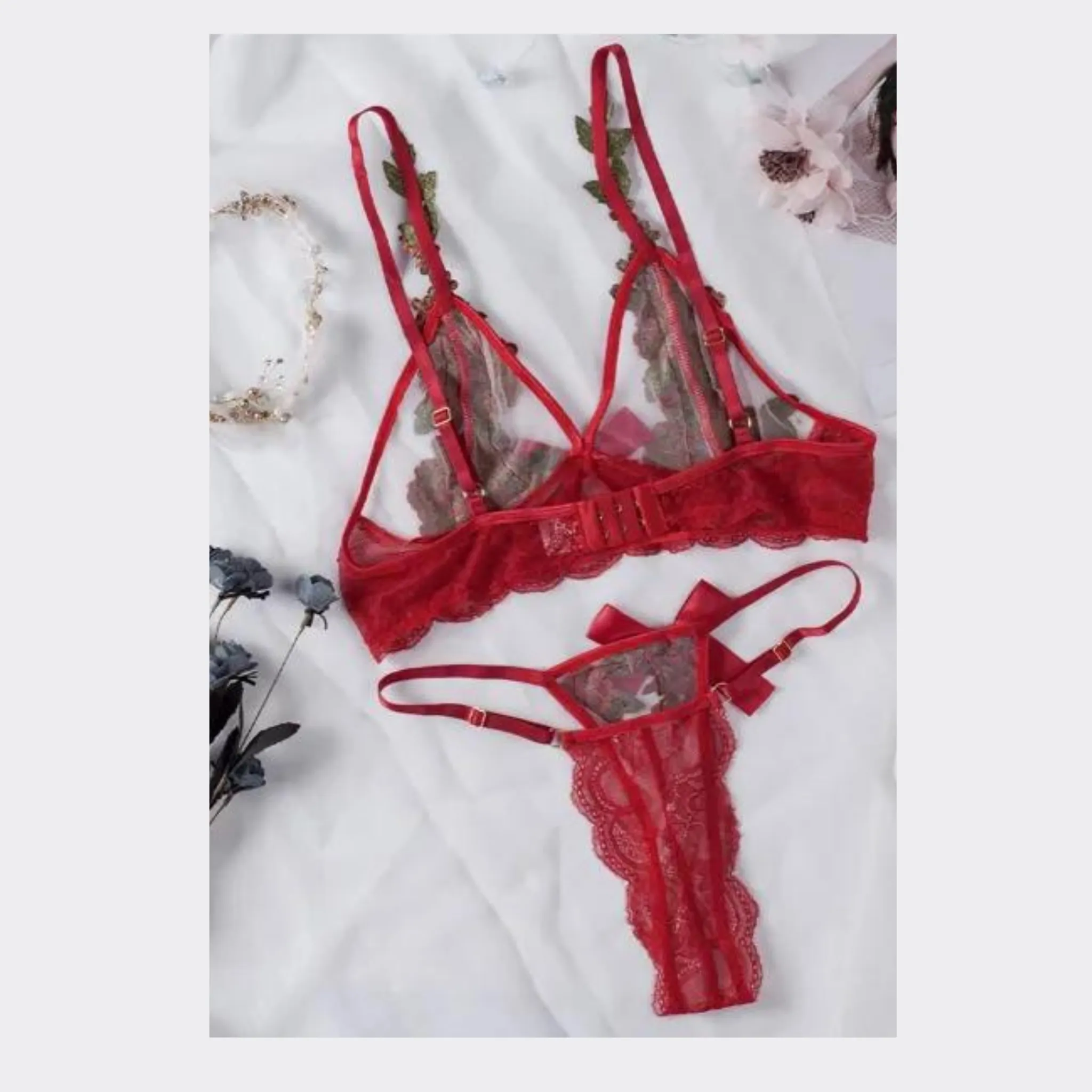 Flowers Bow Lingerie Set - Red