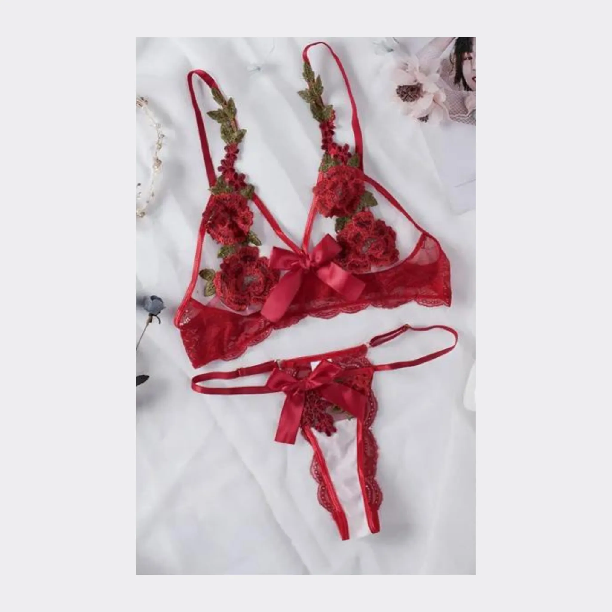 Flowers Bow Lingerie Set - Red