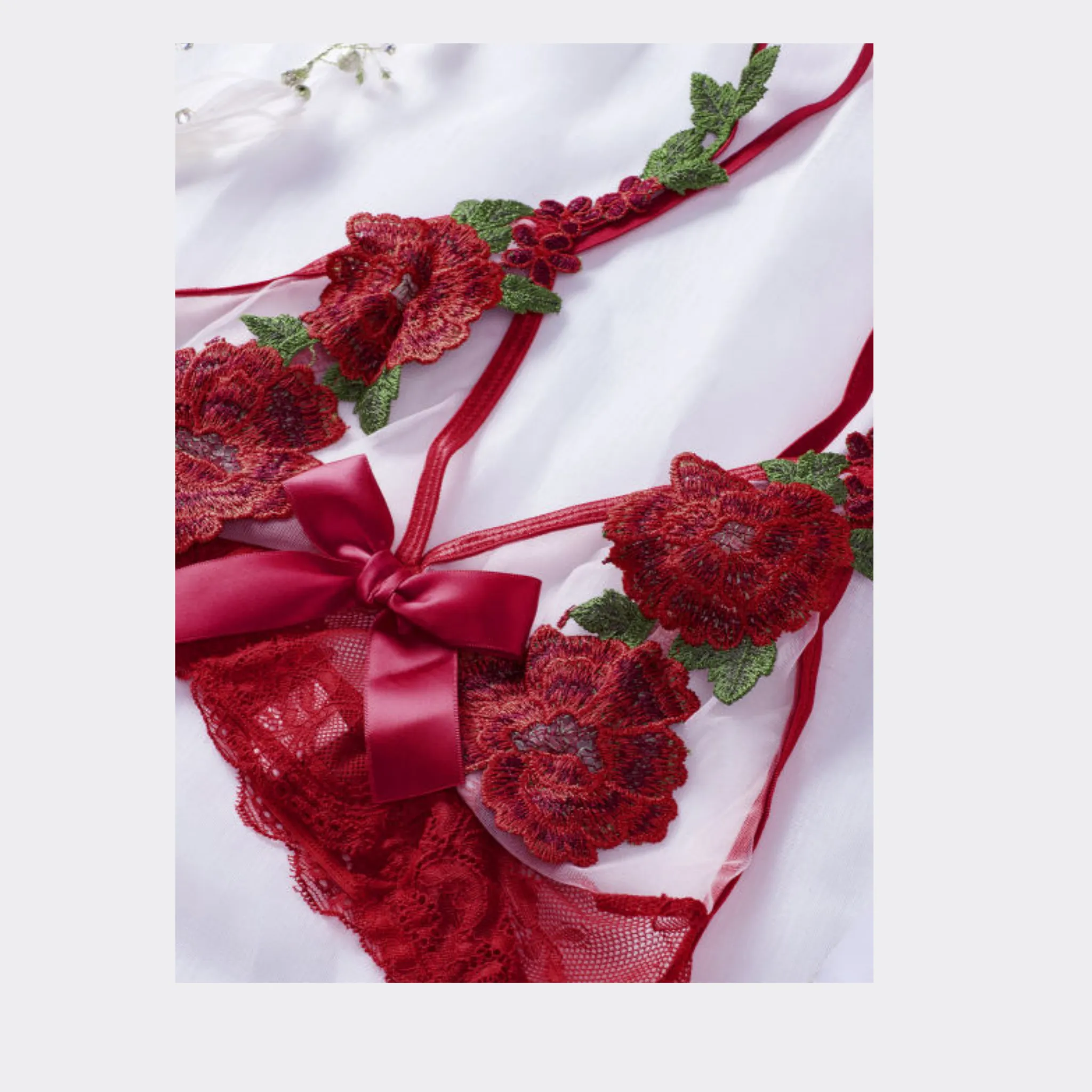 Flowers Bow Lingerie Set - Red