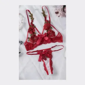 Flowers Bow Lingerie Set - Red