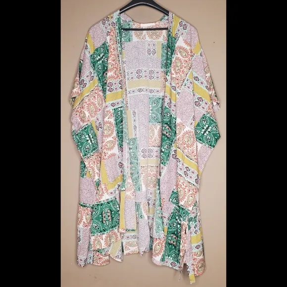 Flowy vintage boho green multi print patchwork open front midi cardigan kimono