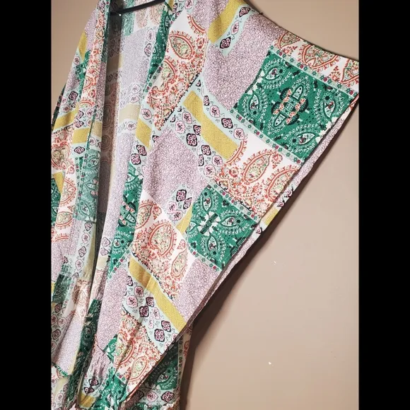 Flowy vintage boho green multi print patchwork open front midi cardigan kimono