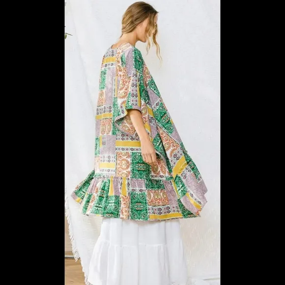 Flowy vintage boho green multi print patchwork open front midi cardigan kimono