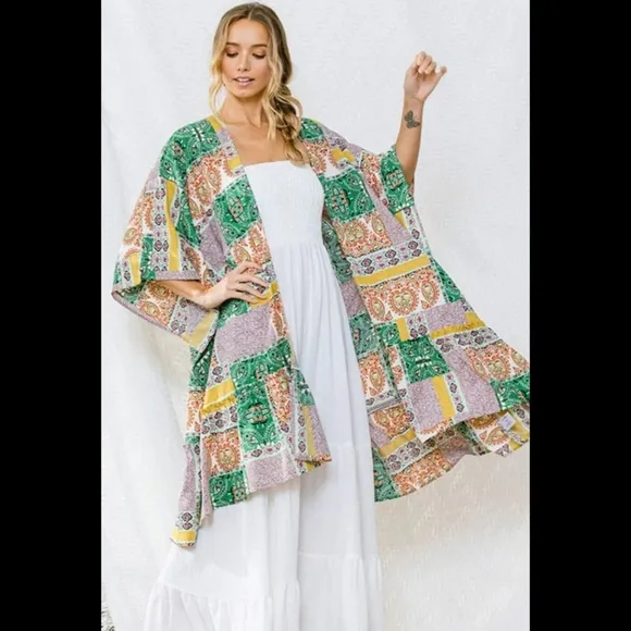 Flowy vintage boho green multi print patchwork open front midi cardigan kimono