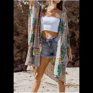 Flowy vintage boho green multi print patchwork open front midi cardigan kimono