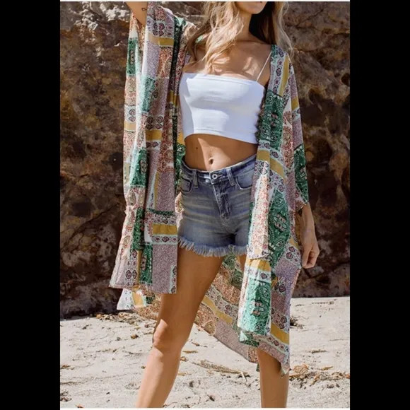 Flowy vintage boho green multi print patchwork open front midi cardigan kimono