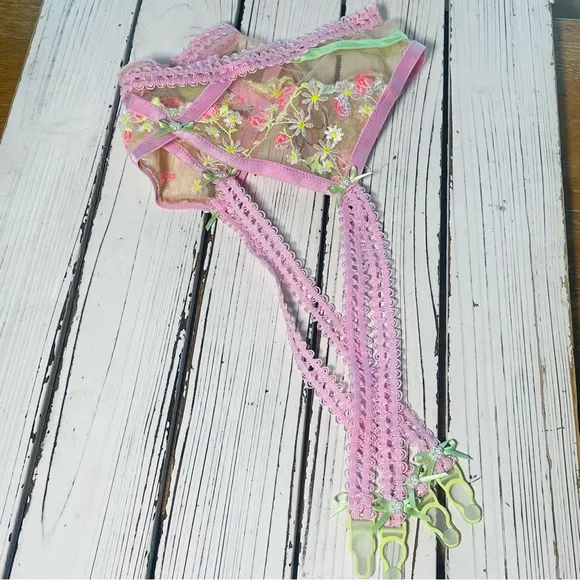 For Love &amp; Lemons Tutti Frutti Shimmer Strawberry Embroidered Garter Belt Sz S