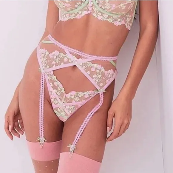 For Love &amp; Lemons Tutti Frutti Shimmer Strawberry Embroidered Garter Belt Sz S