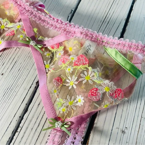 For Love &amp; Lemons Tutti Frutti Shimmer Strawberry Embroidered Garter Belt Sz S