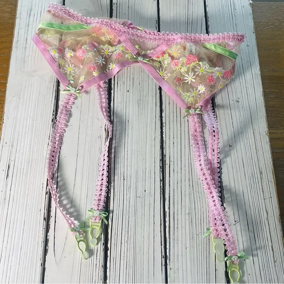 For Love &amp; Lemons Tutti Frutti Shimmer Strawberry Embroidered Garter Belt Sz S