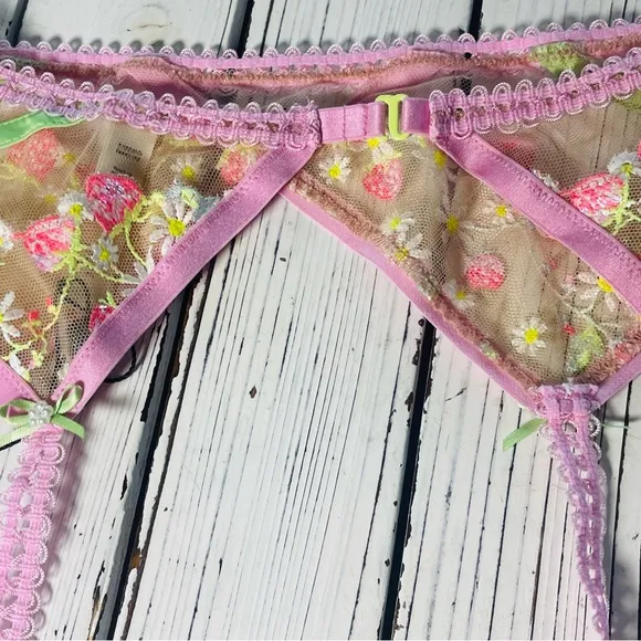 For Love &amp; Lemons Tutti Frutti Shimmer Strawberry Embroidered Garter Belt Sz S
