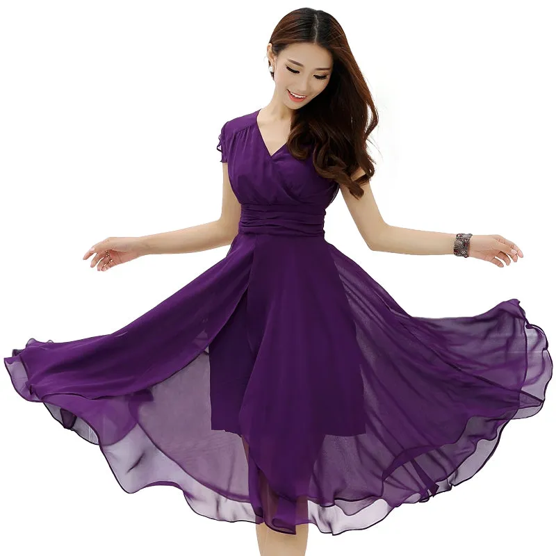 Fresh New Sophisticated Casual Solid Chiffon Swing A Line Dress