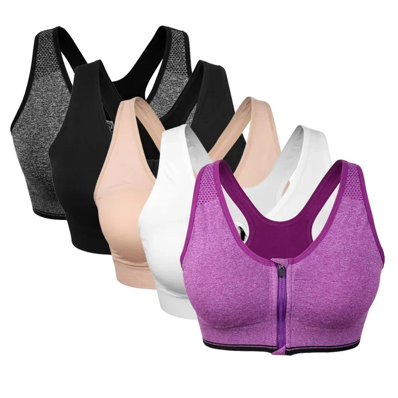 Front Zipper Sports Bra for Women - Breathable Padded Push Up Workout Top