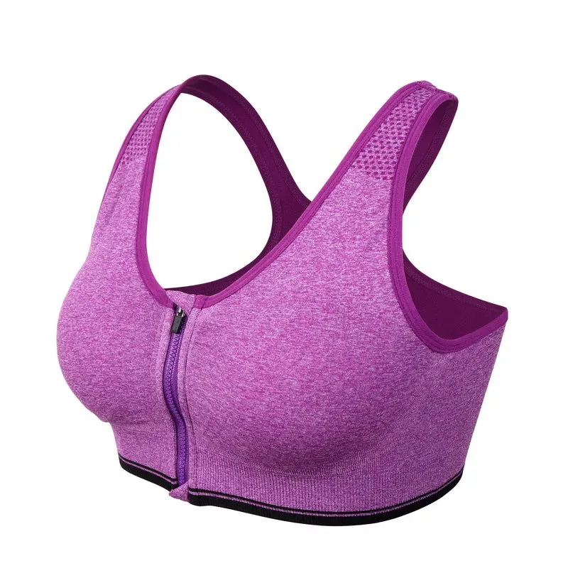 Front Zipper Sports Bra for Women - Breathable Padded Push Up Workout Top