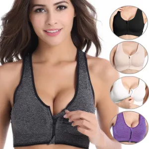 Front Zipper Sports Bra for Women - Breathable Padded Push Up Workout Top