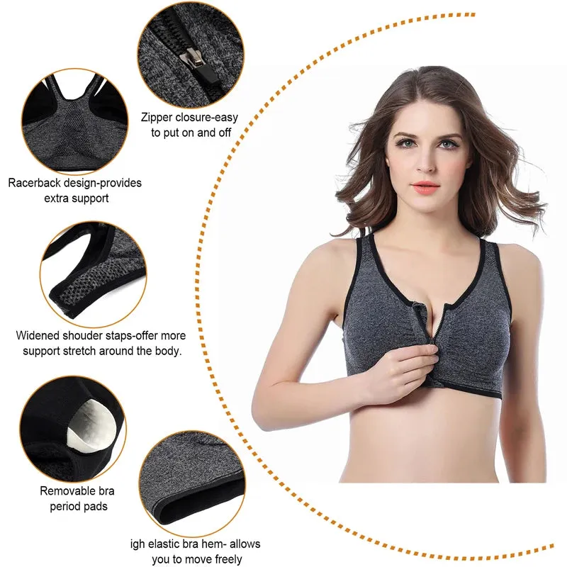 Front Zipper Sports Bra for Women - Breathable Padded Push Up Workout Top