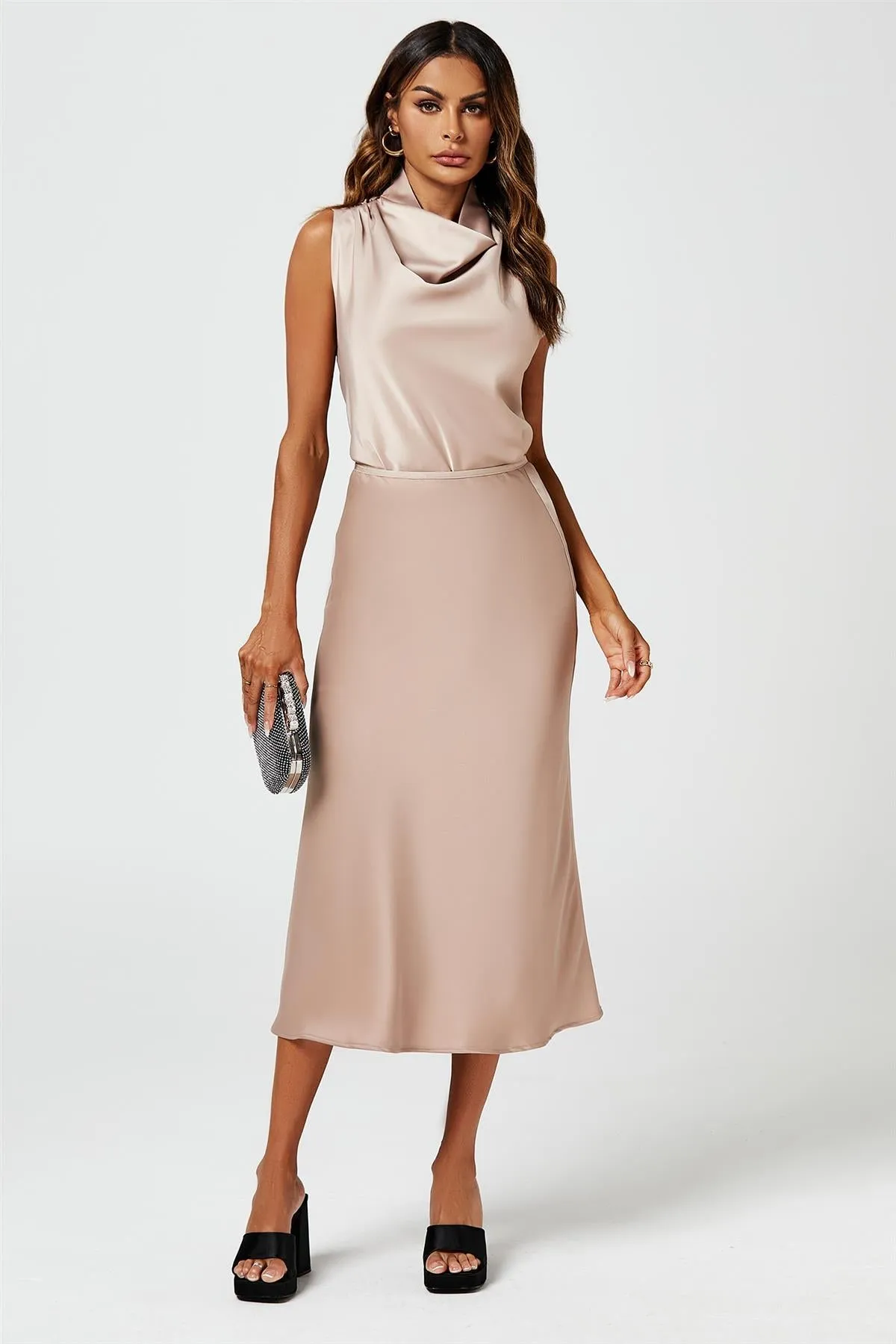 FS Collection Satin High Neck Sleeveless Blouse In Light Brown