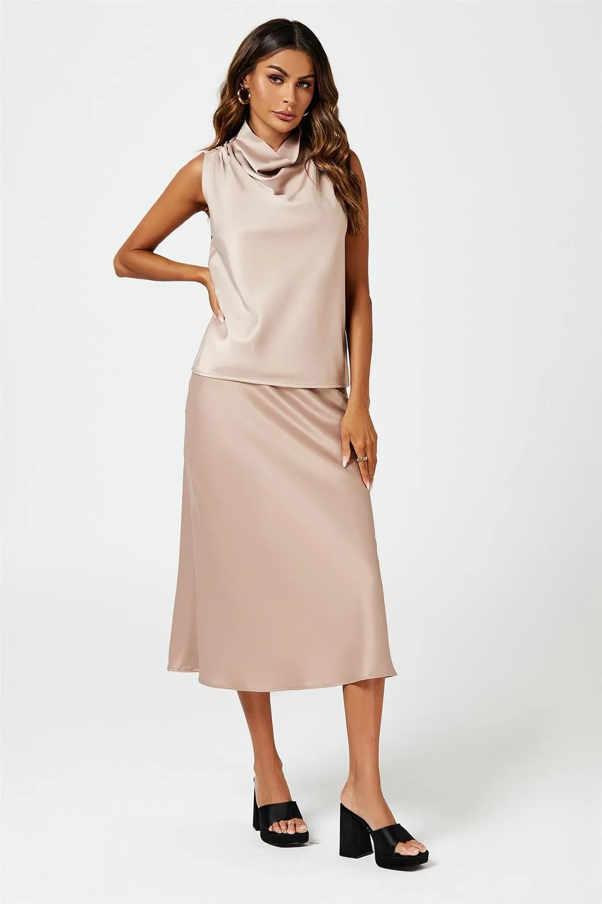 FS Collection Satin High Neck Sleeveless Blouse In Light Brown