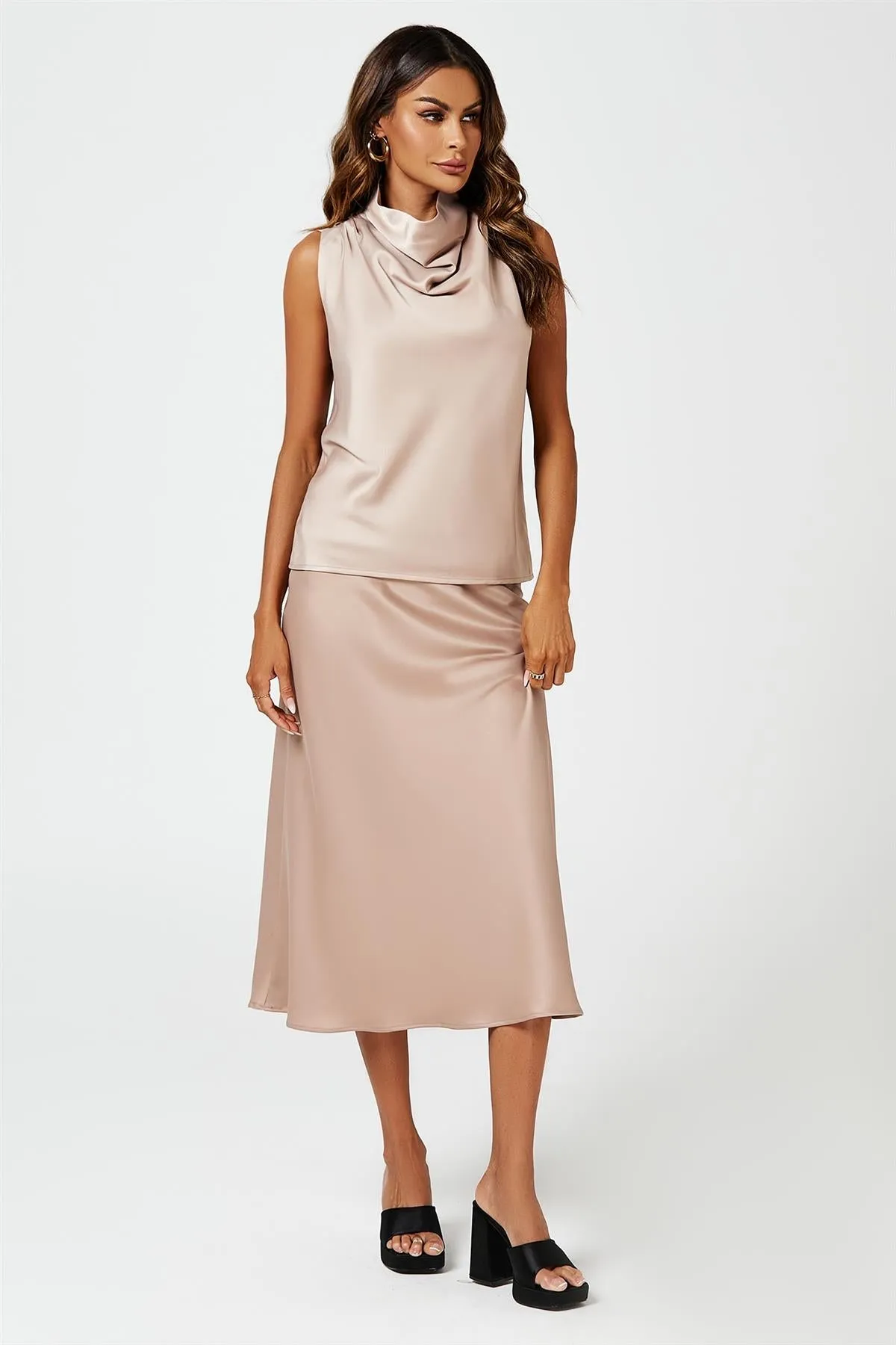 FS Collection Satin High Neck Sleeveless Blouse In Light Brown