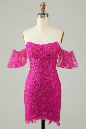 Fuchsia Sheath Off the Shoulder Short Homecoming Dress With Appliques