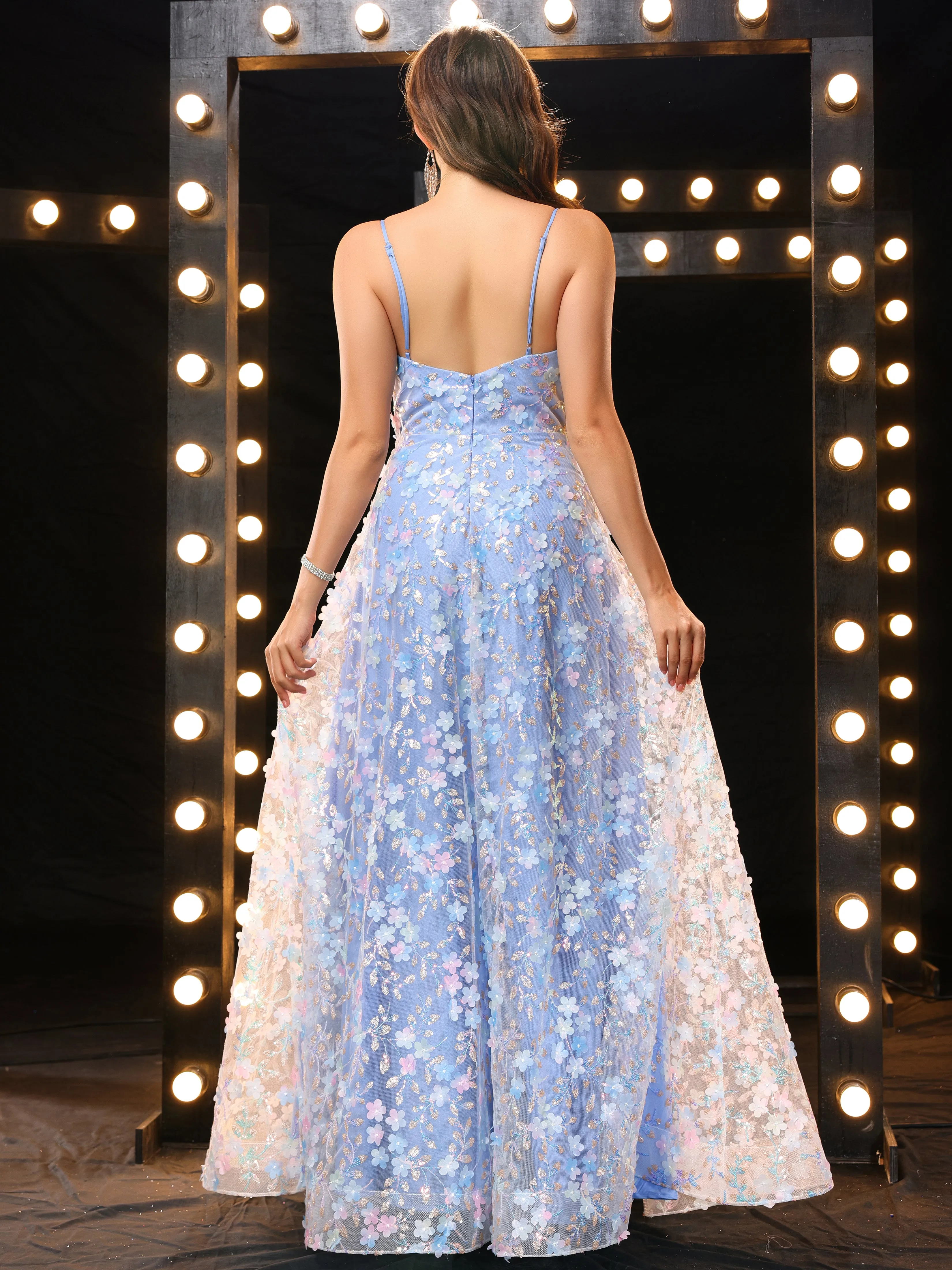 Gentle V Neck Spaghetti Straps Lace Prom Dresses